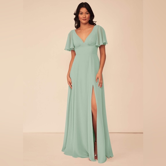 Azazie Kimber A-Line Ruched Chiffon Floor Length Maxi Dress in Agave - Picture 1 of 9